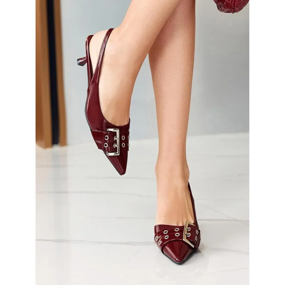 Women's Red Slingback Kitten Low Heel Closed Pointed Toe Pumps D’Orsay Buckle
